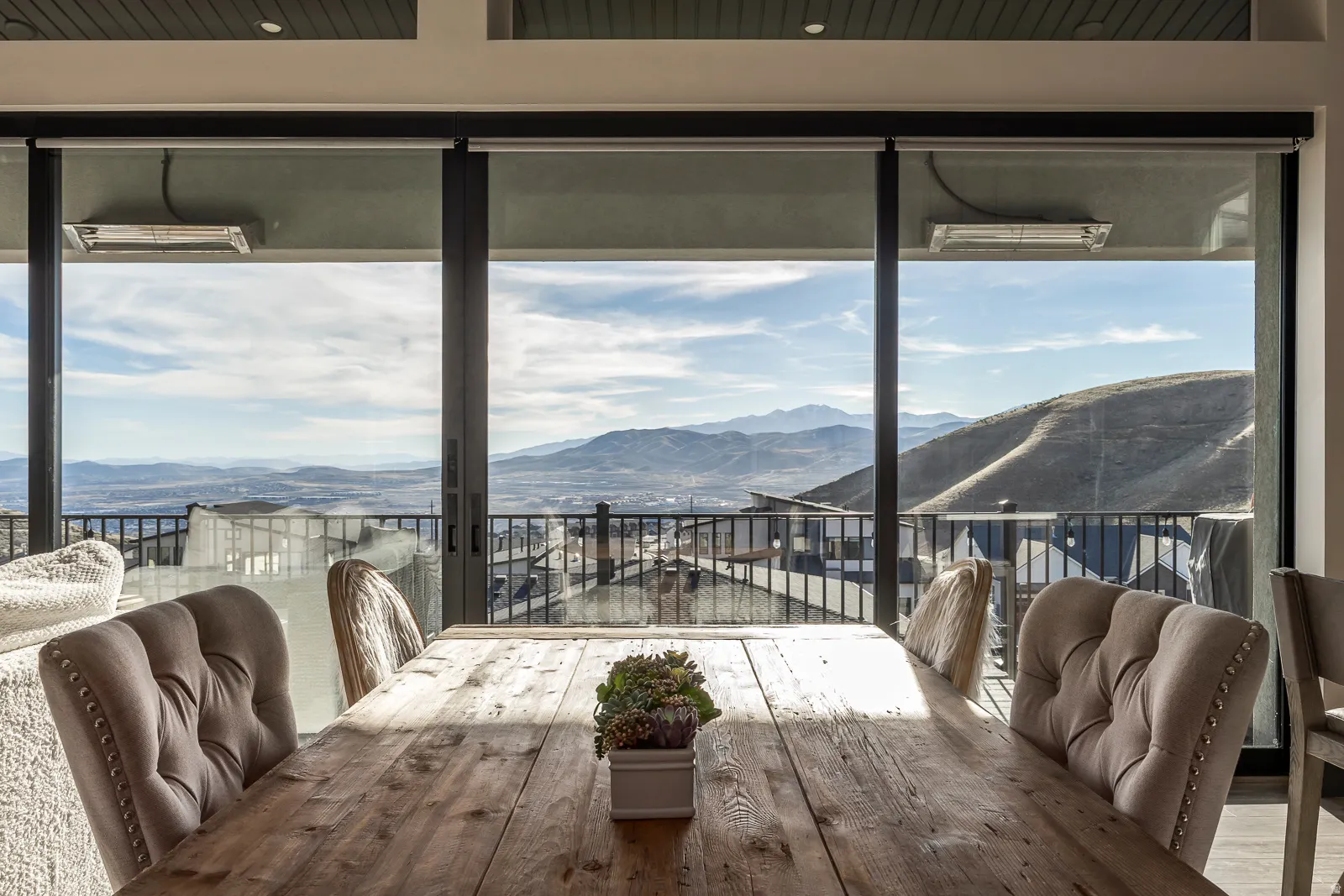 Dining room with a mountain view