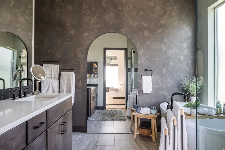Bathroom with vanity and a shower stall