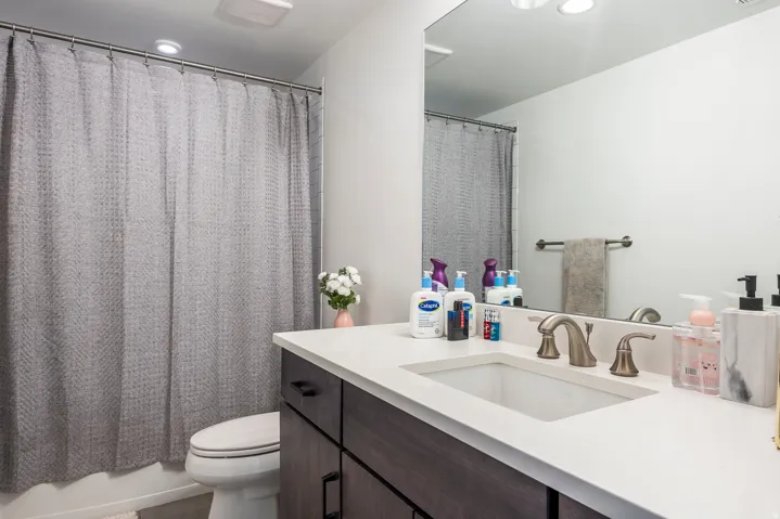 Full bathroom featuring vanity and a shower with shower curtain