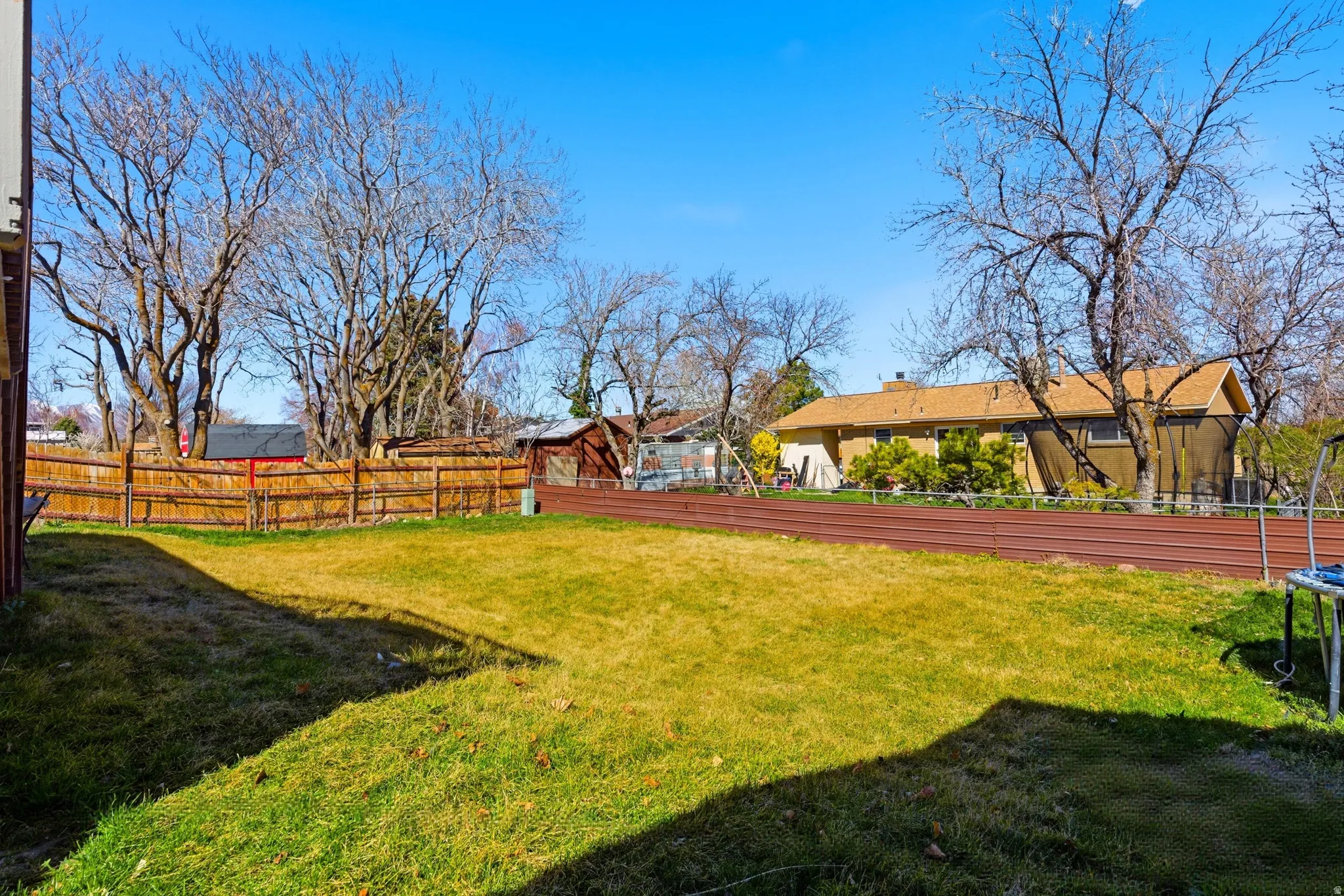 Fenced backyard with a trampoline