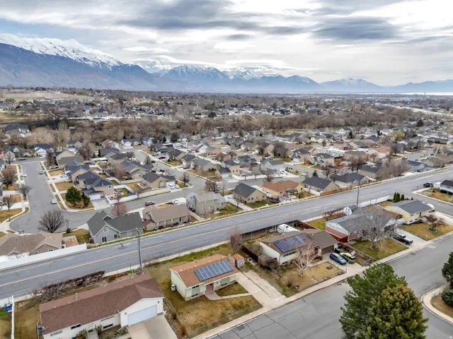 Aerial view of residential area with mountains