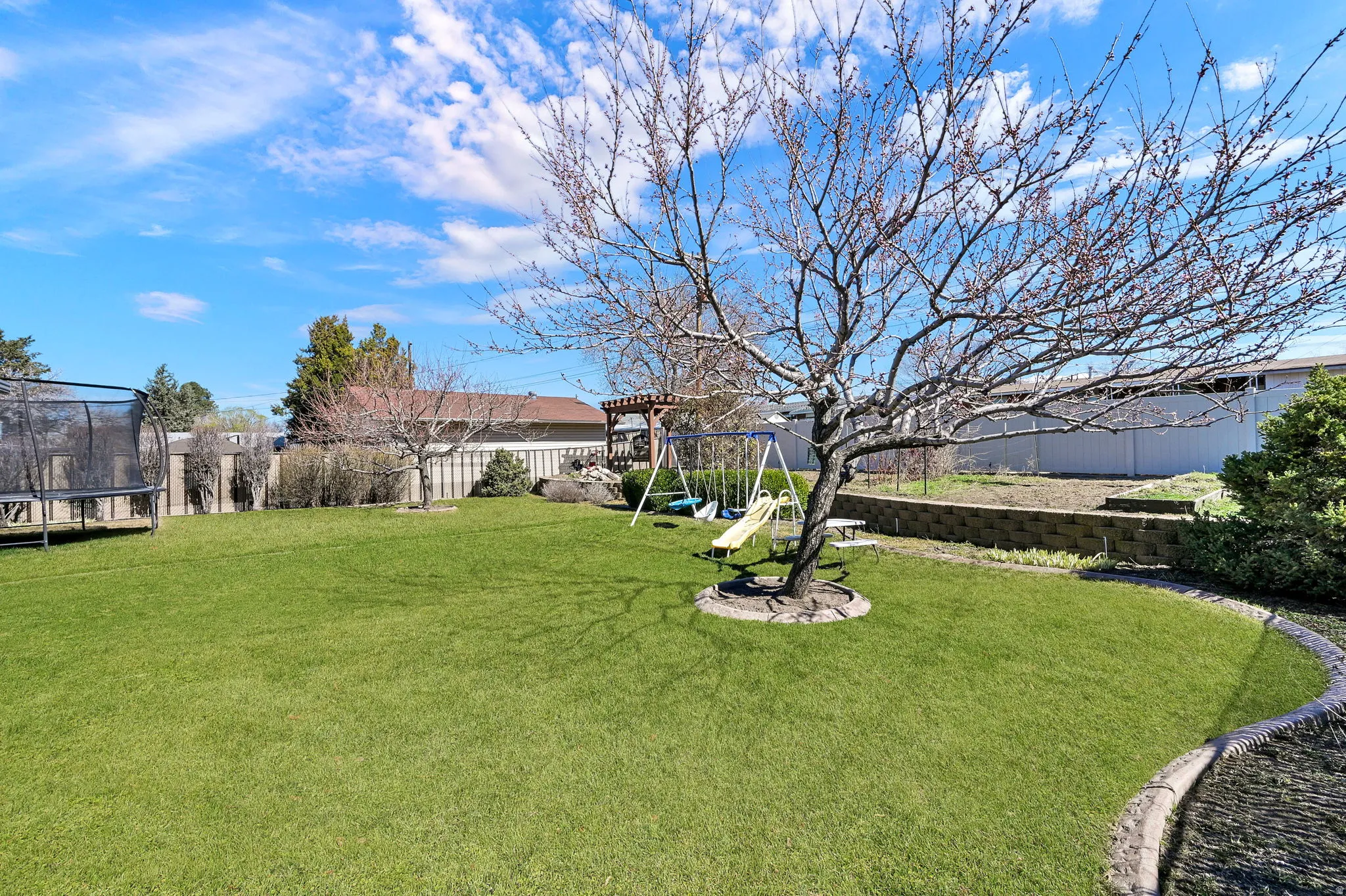 Fenced backyard featuring a trampoline and a playground