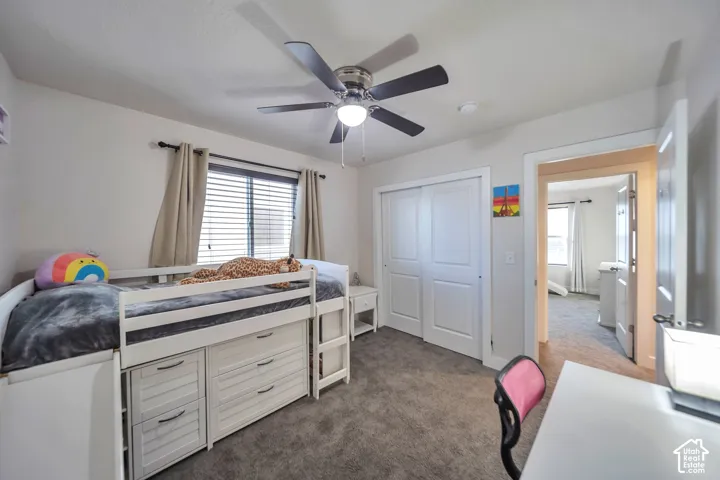 Carpeted bedroom with a ceiling fan