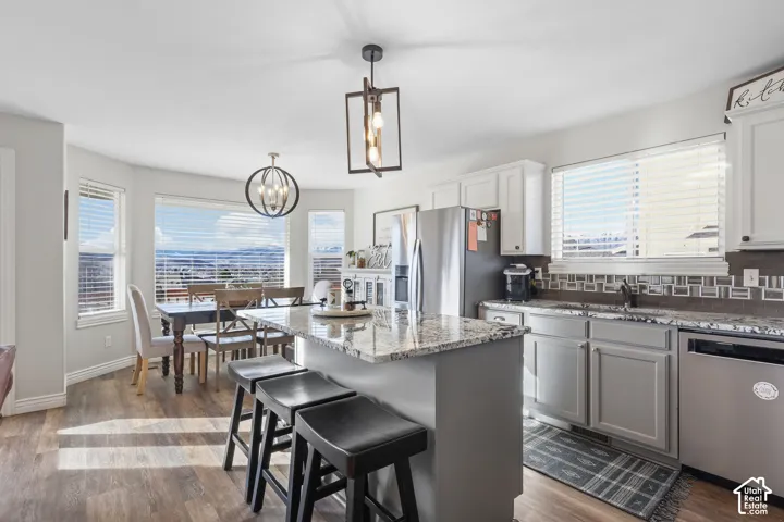 Kitchen with a breakfast bar area, dark wood finished floors, stainless steel appliances, a center island, and gray cabinets