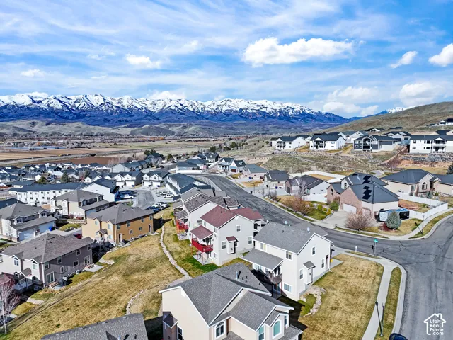 Aerial perspective of suburban area with a mountain backdrop