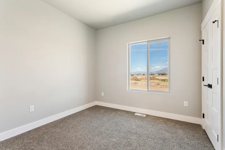 Unfurnished room featuring a mountain view and carpet