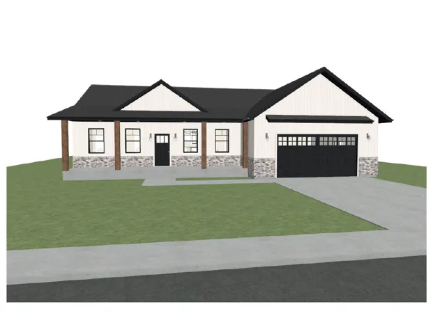 View of front facade with a front lawn, stone siding, concrete driveway, an attached garage, and a porch