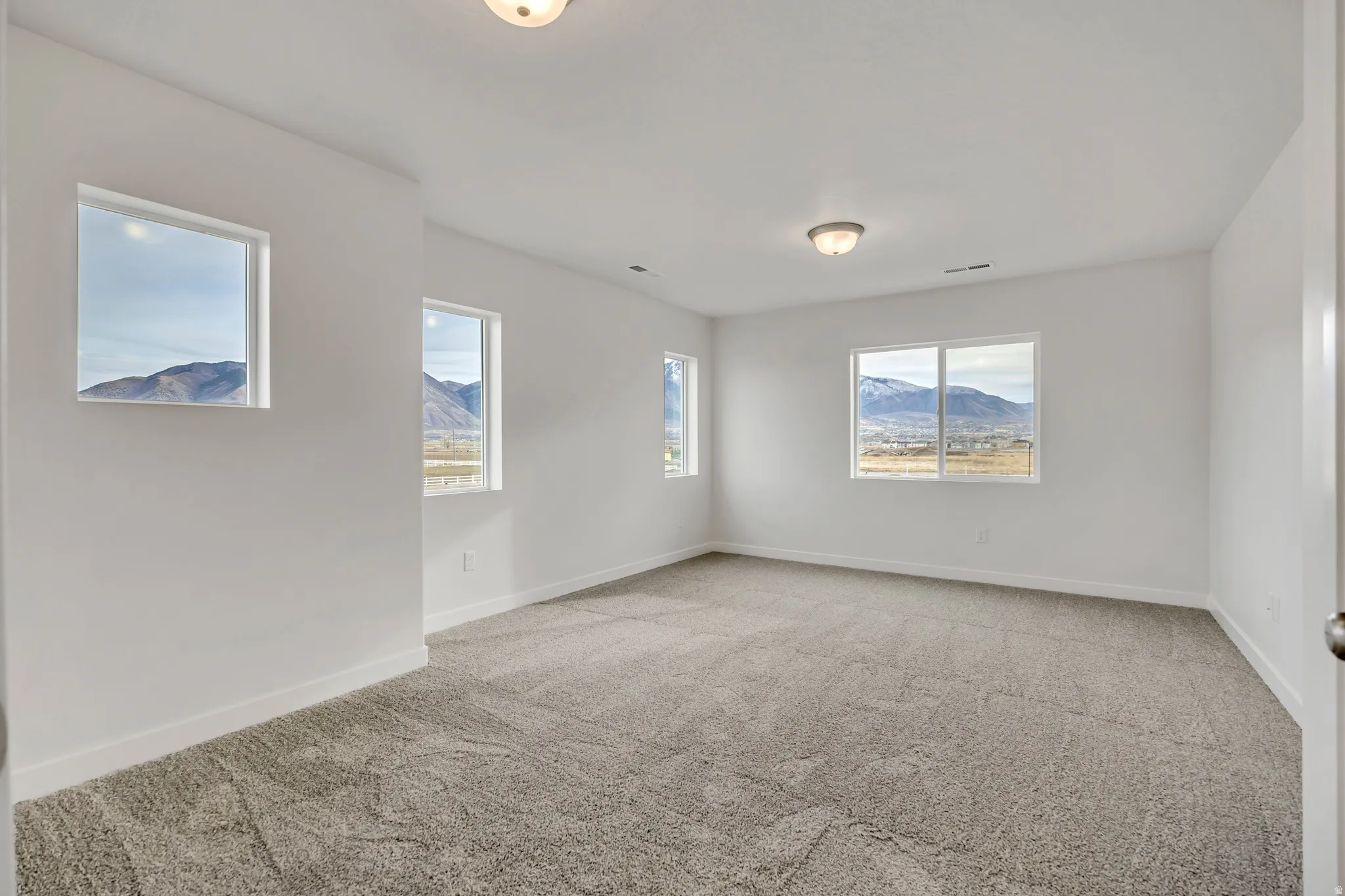 Spare room with light colored carpet and a mountain view