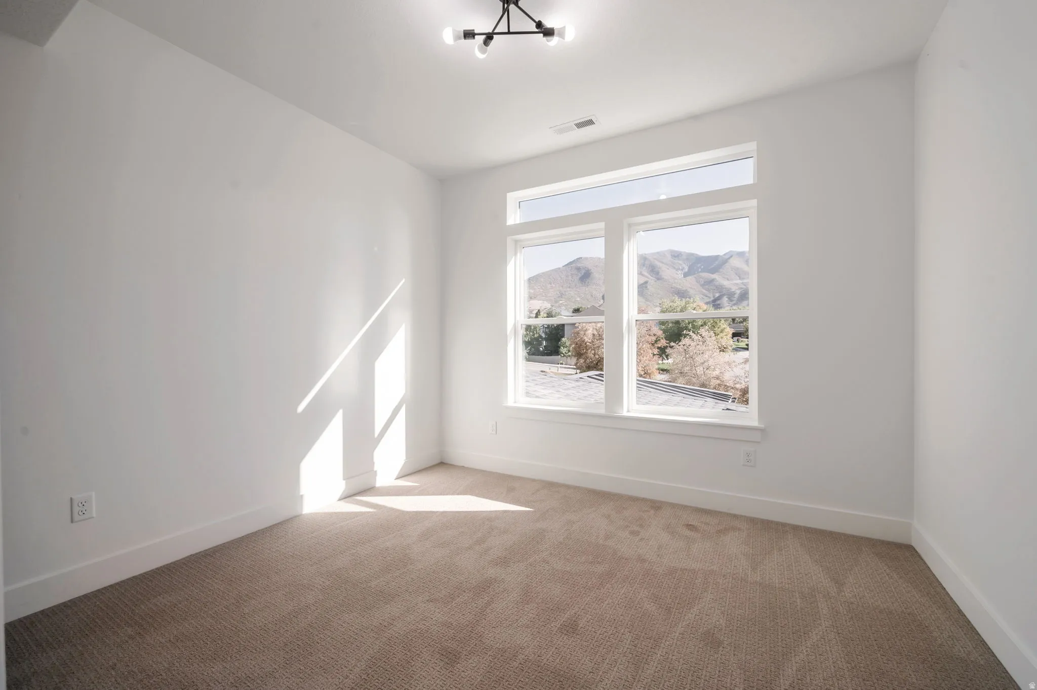 Spare room with light carpet and a mountain view