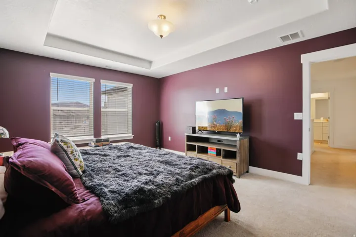 Bedroom with a raised ceiling, light colored carpet, and a textured ceiling