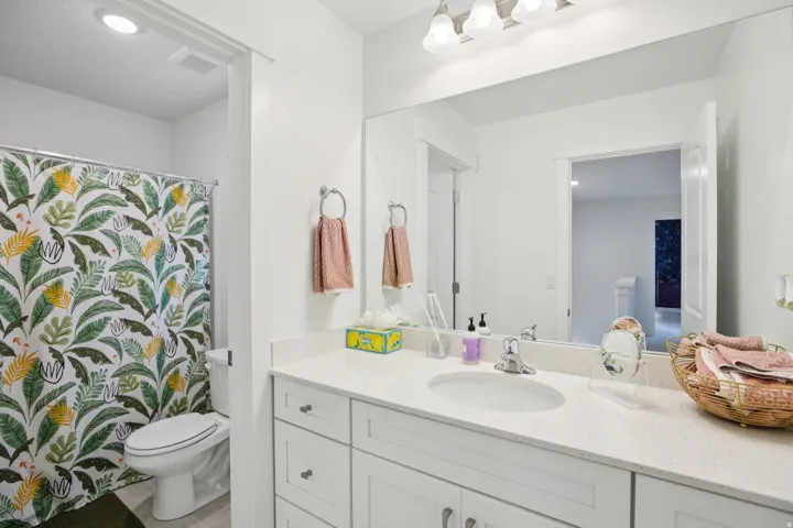 Bathroom featuring vanity and a shower with shower curtain