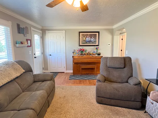 Living area with ceiling fan, a textured ceiling, crown molding, wood finished floors, and arched walkways
