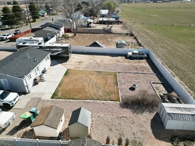 Aerial perspective of back yard suburban area