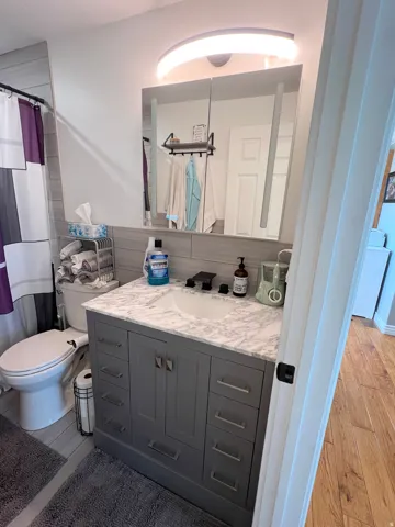 Bathroom with vanity, light wood-type flooring, a shower with curtain