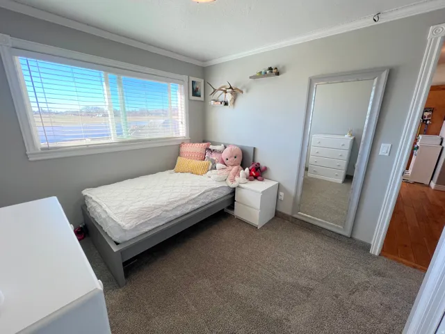 Bedroom with dark carpet and ornamental molding