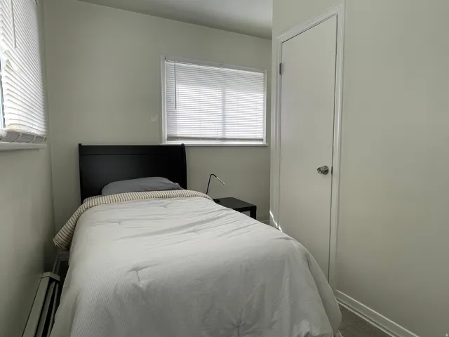 Carpeted bedroom featuring multiple windows and baseboard heating