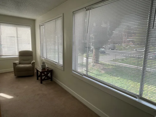 Living area featuring dark colored carpet and a textured ceiling