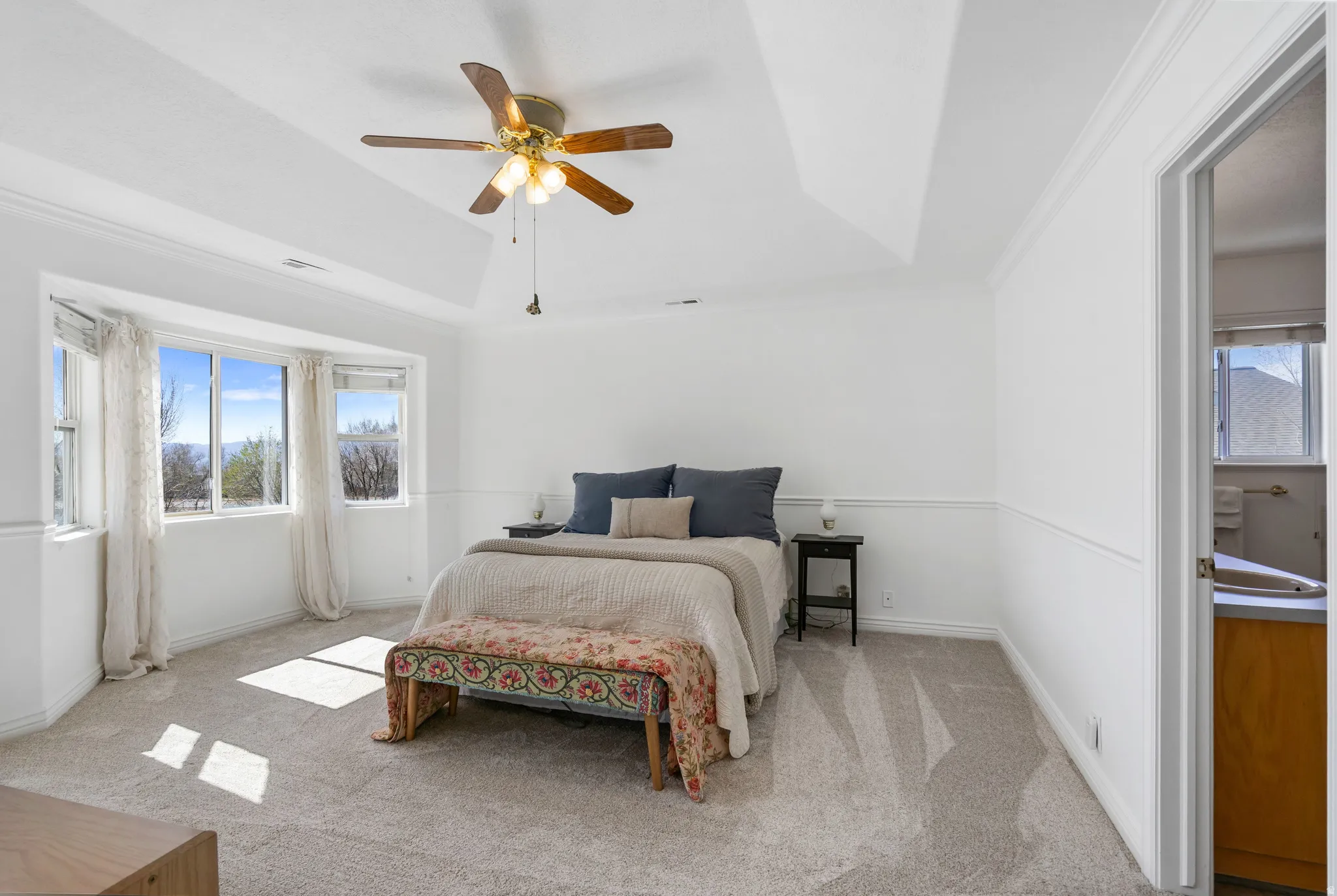 Bedroom featuring crown molding, multiple windows, light colored carpet, a raised ceiling, and a ceiling fan