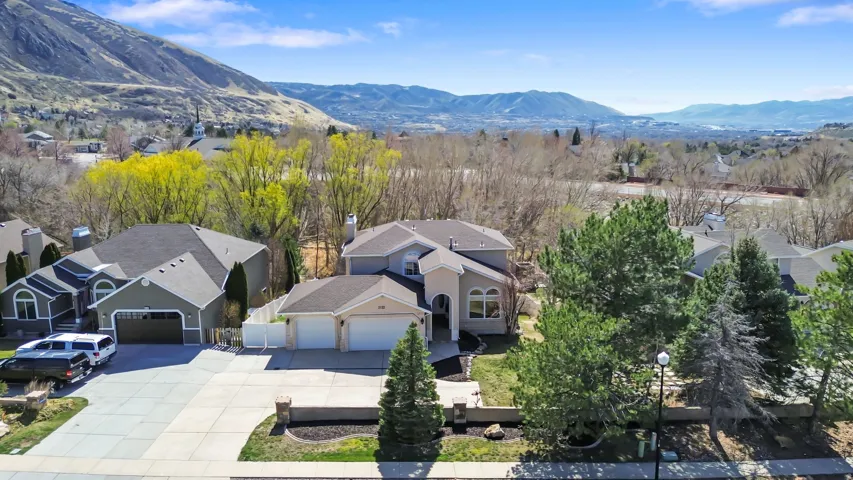 Aerial perspective of suburban area featuring a mountainous background
