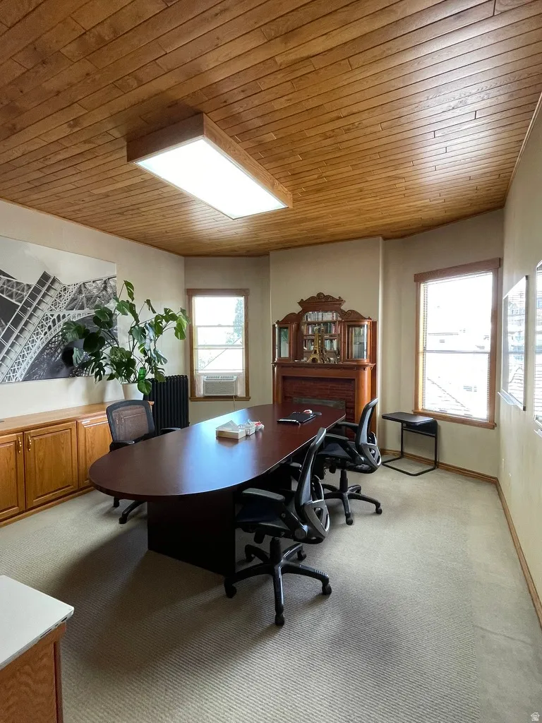 Office area with light colored carpet, wood ceiling, and radiator heating unit