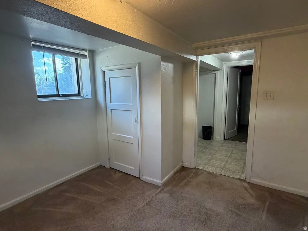 Window with blinds, white paneled door, ceiling light fixture, and carpeted flooring