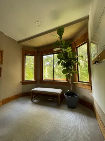 Living area with baseboards and carpet flooring