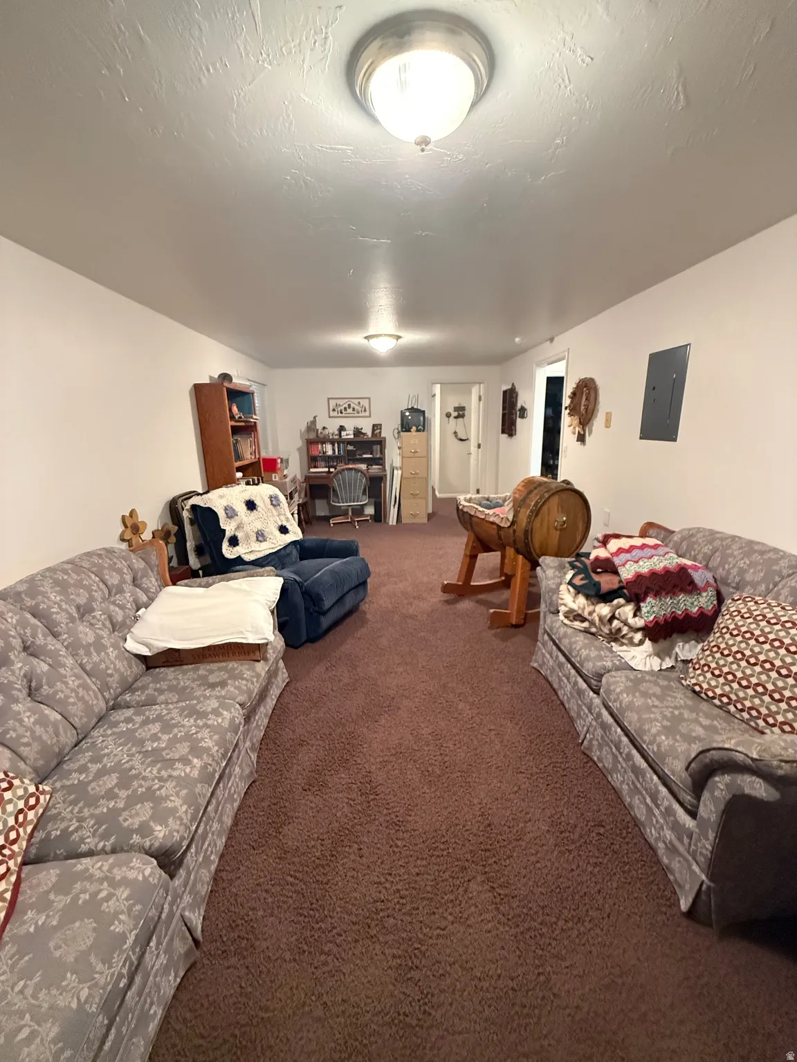 Living area featuring carpet flooring, electric panel, and a textured ceiling