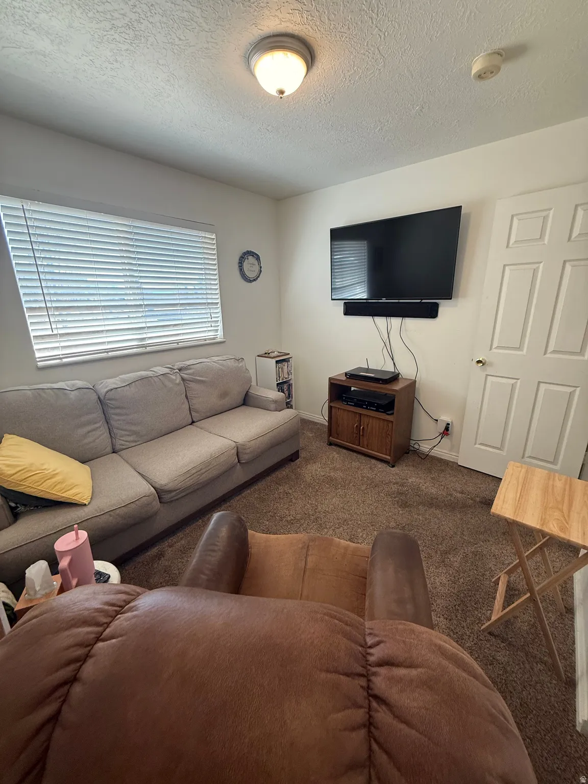 Living room featuring carpet and a textured ceiling