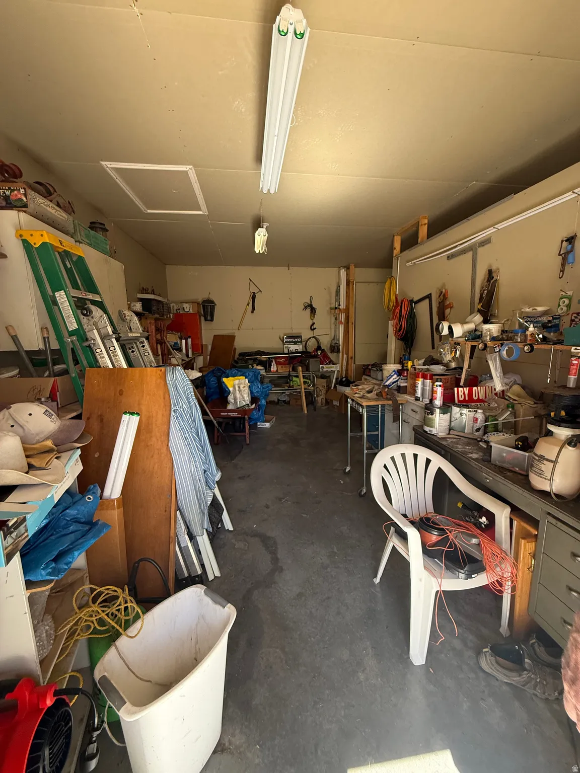 Garage with a workshop area