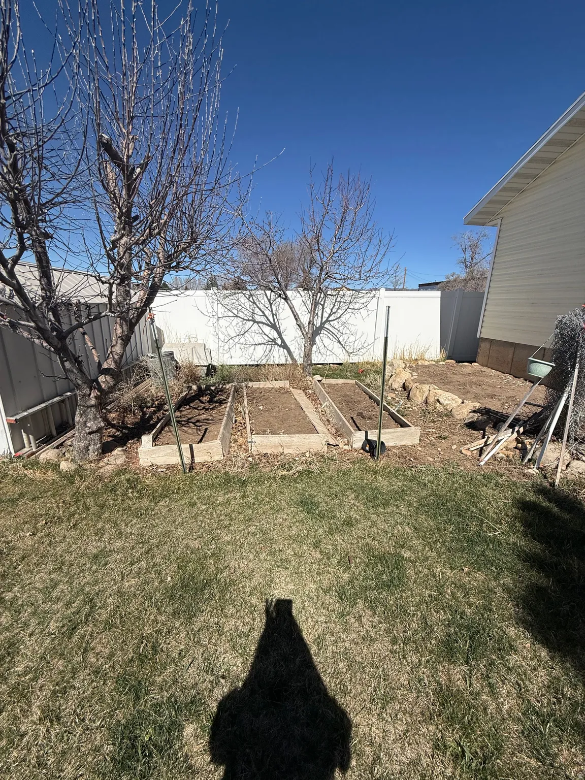 Fenced backyard with a vegetable garden