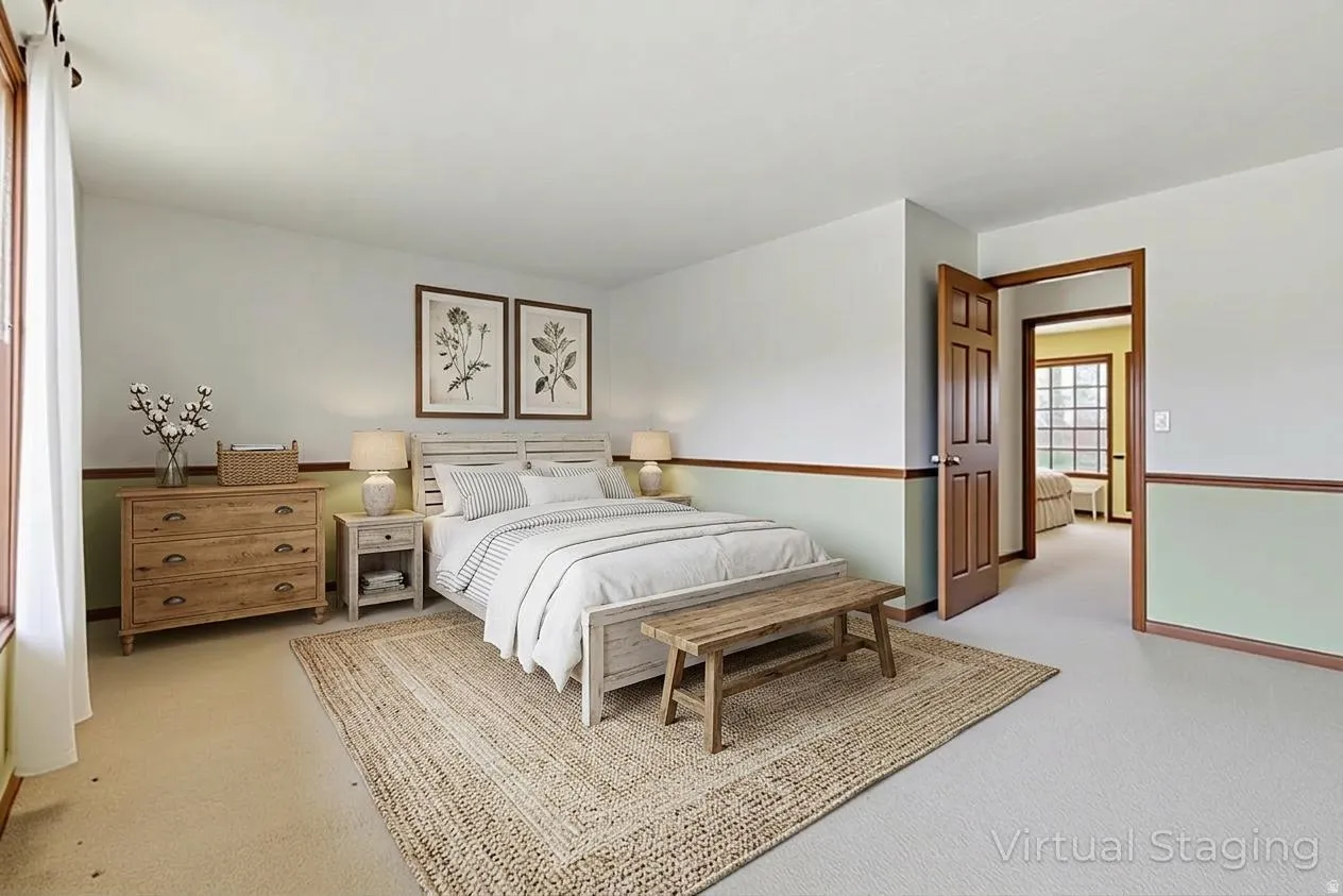 Bedroom with light carpet virtually staged