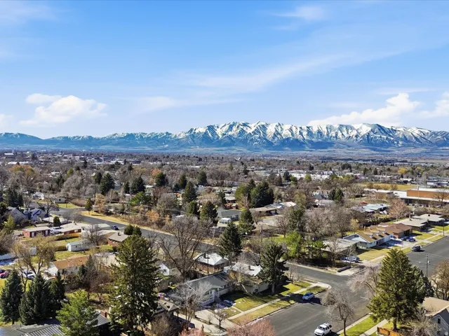 Aerial perspective of suburban area featuring mountains