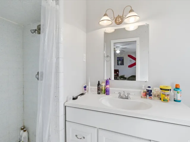 Bathroom with a shower with shower curtain and vanity