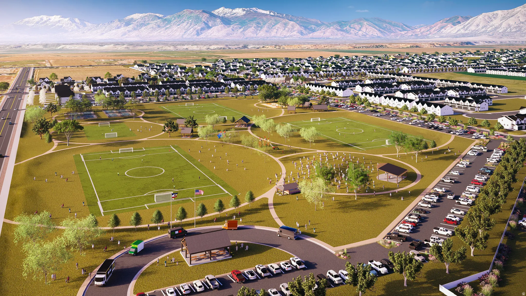 Aerial view of a community park and mountains