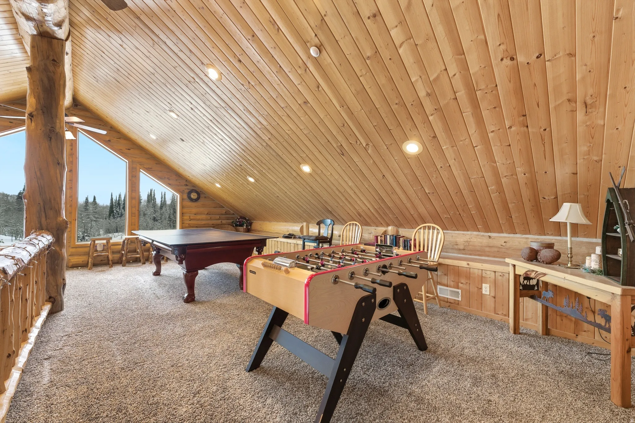 Recreation room featuring wooden walls, carpet floors, recessed lighting, pool table, and wood ceiling