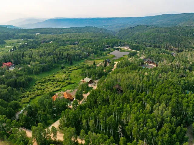 Expansive mountain landscape featuring dense deciduous and evergreen tree coverage, a natural body of water, and scattered residences with private driveways