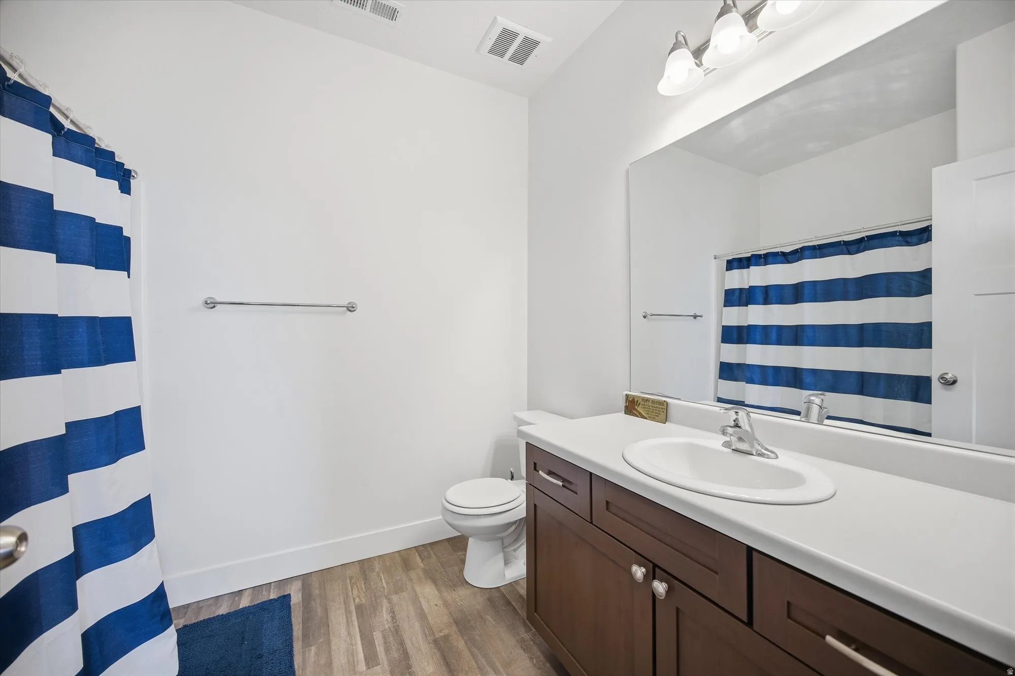 Full bathroom featuring vanity, dark wood-type flooring, and curtained shower