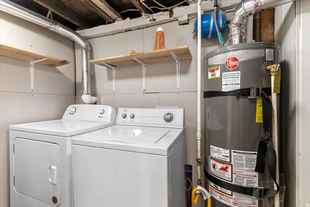 Laundry area featuring secured water heater and washing machine and clothes dryer