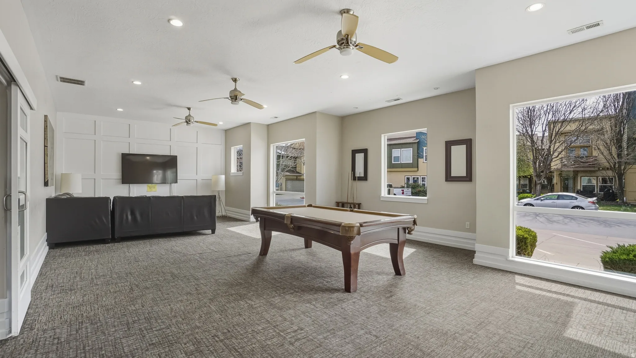 Game room featuring pool table, recessed lighting, and ceiling fan