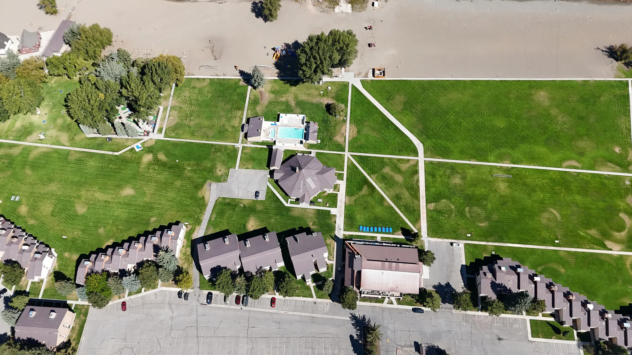 Aerial view of residential area with property boundaries highlighted
