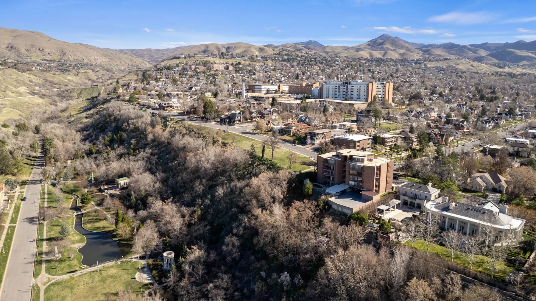 Drone / aerial view of a mountainous background