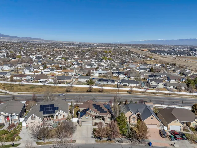 Aerial perspective of suburban area with mountains
