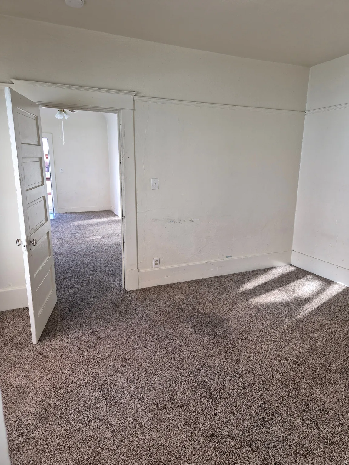 Spare room featuring carpet flooring and ceiling fan
