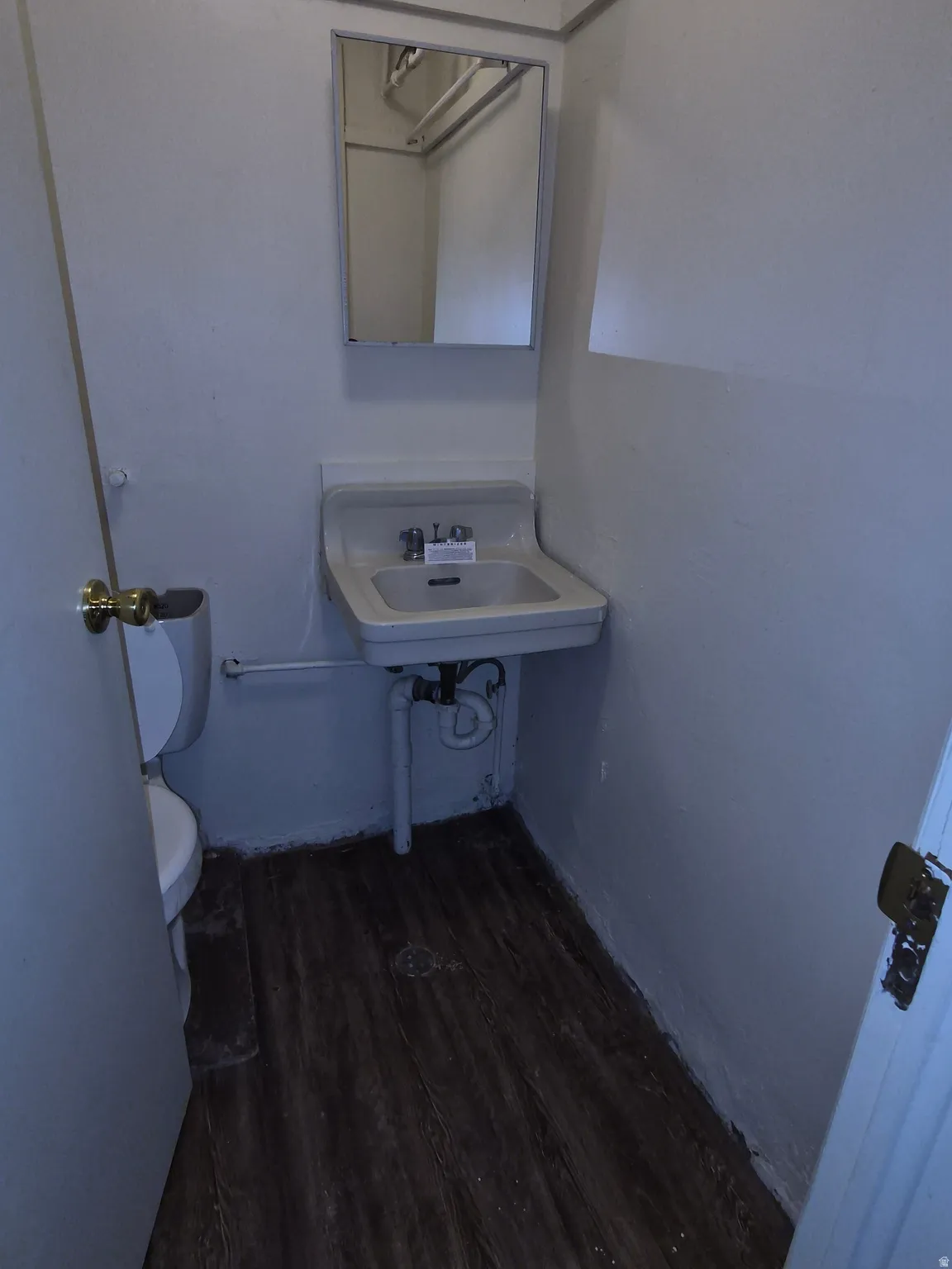 Bathroom featuring dark wood-style flooring and toilet