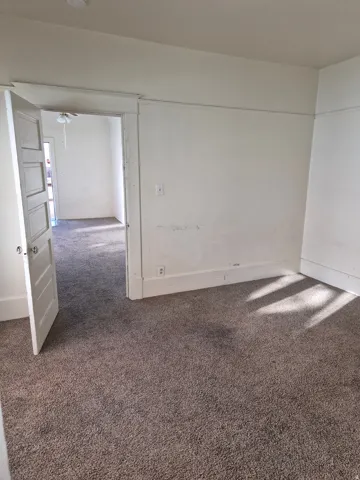 Spare room featuring carpet flooring and ceiling fan