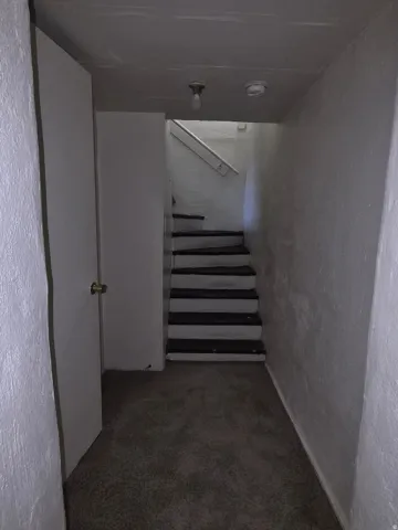 Stairs featuring a textured wall and carpet
