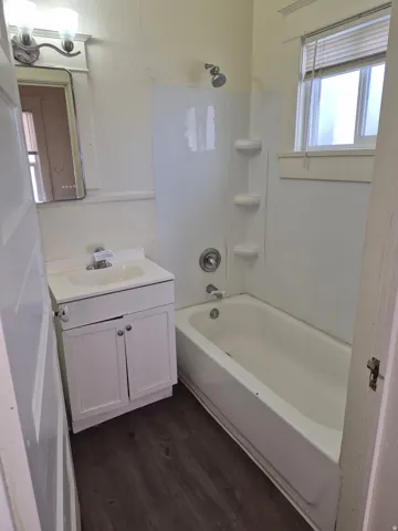 Bathroom featuring vanity, dark wood-style floors, and shower / bath combination