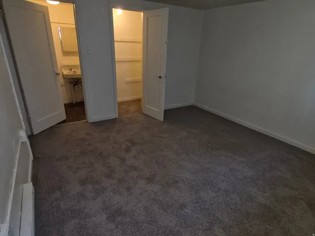 Unfurnished bedroom featuring dark colored carpet and a spacious closet