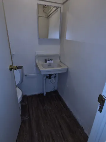 Bathroom featuring dark wood-style flooring and toilet