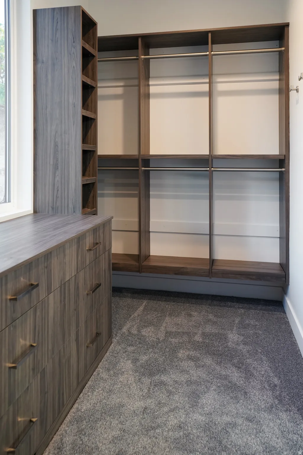 Walk in closet with dark colored carpet